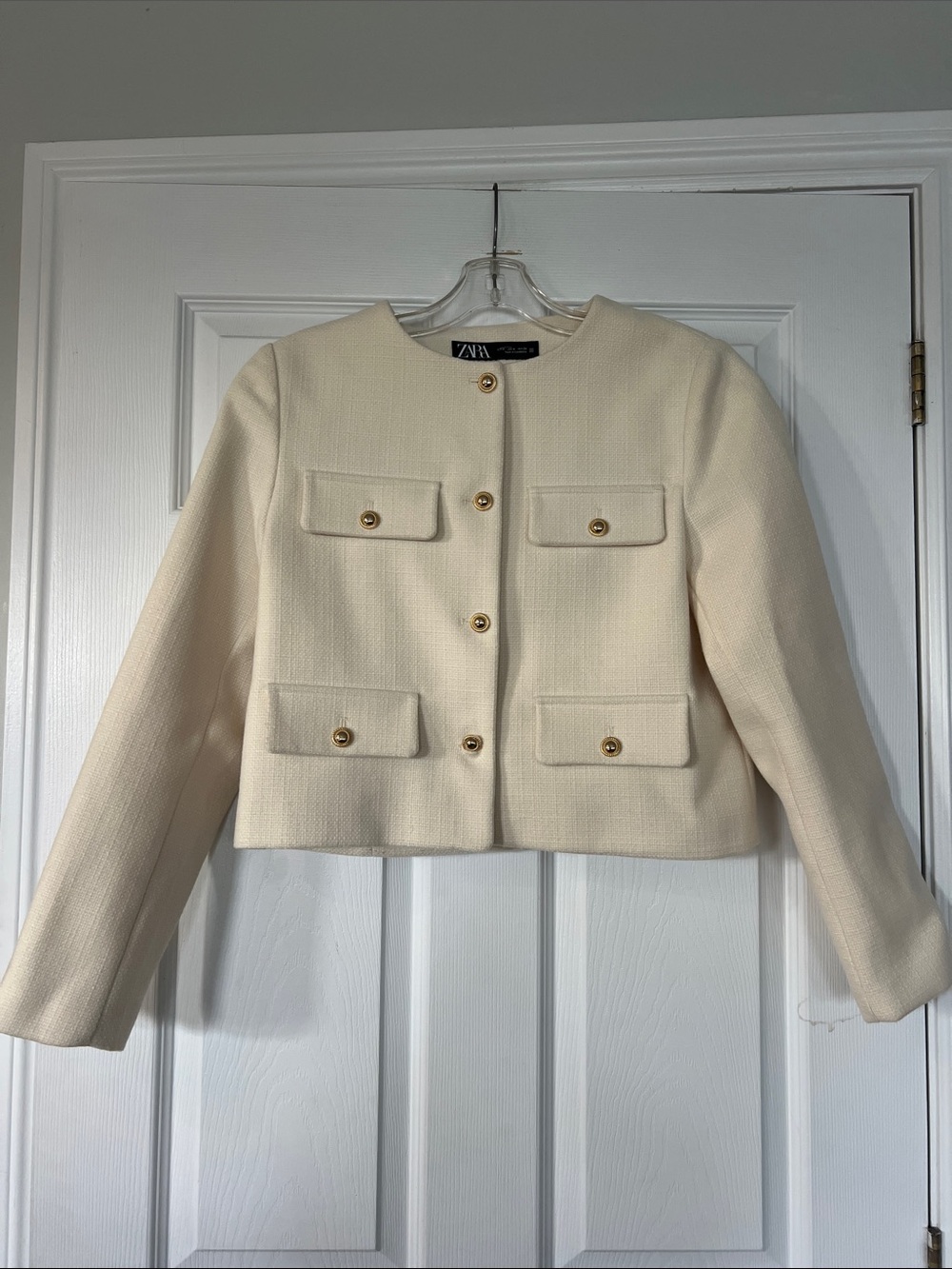 Zara Cream Cropped Textured Blazer with Gold Buttons